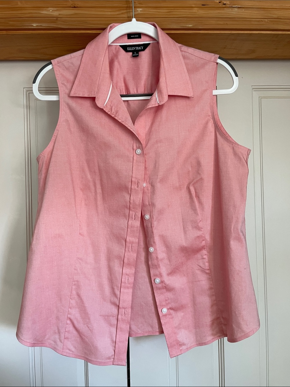 Ellen Tracy Coral Pink Sleeveless Button-Down No-Iron 100% Cotton Blouse
